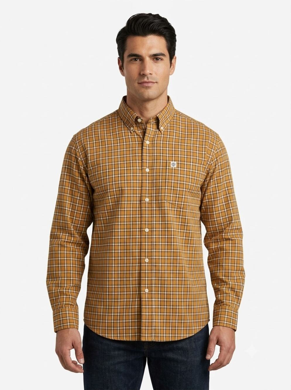 Cinch Button Down Shirt Mens L Brown Tan Plaid Long Sleeve Pocket Logo Western